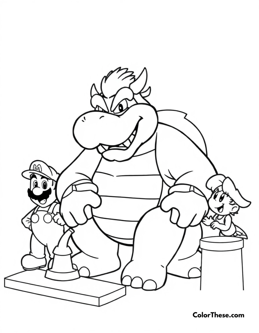 Free printable bowser's party games coloring page for kids and adults - A bowser participating in mario party mini-games with other characters.