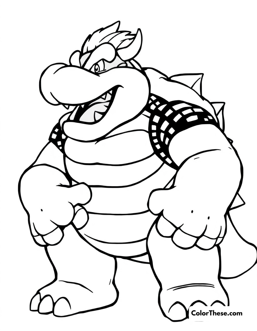 Free printable bowser's power-up form coloring page for kids and adults - A bowser in his super-sized form after using a power-up, looking more intimidating than ever.