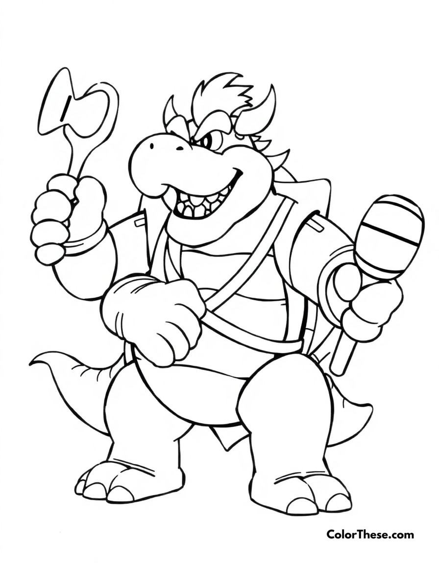 Free printable bowser's sports day coloring page for kids and adults - A bowser participating in various mario sports activities, showing his competitive spirit.