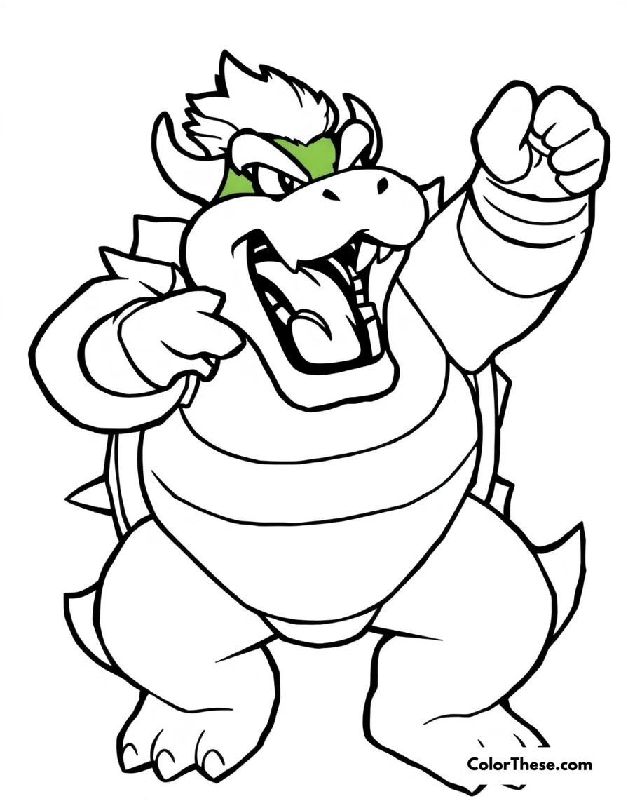 Free printable bowser's victory roar coloring page for kids and adults - A bowser celebrating a victory with his signature triumphant roar.