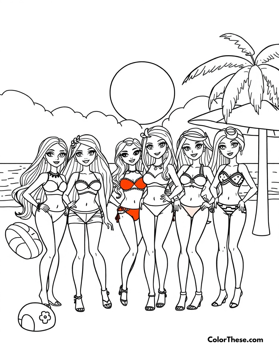 Free printable bratz beach day coloring page for kids and adults - A a sunny beach scene with the bratz in their stylish swimwear and accessories.