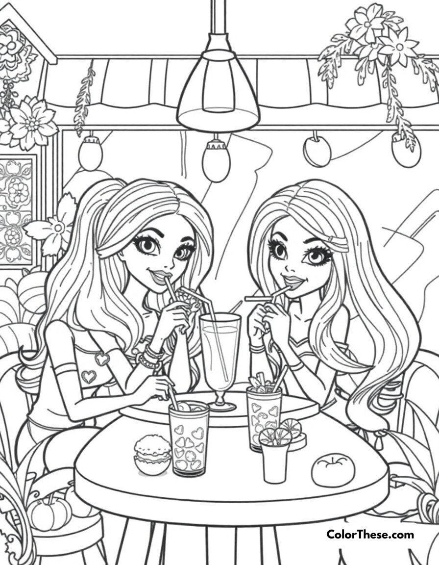 Free printable bratz cafe scene coloring page for kids and adults - A the bratz enjoying smoothies and snacks at their favorite café.