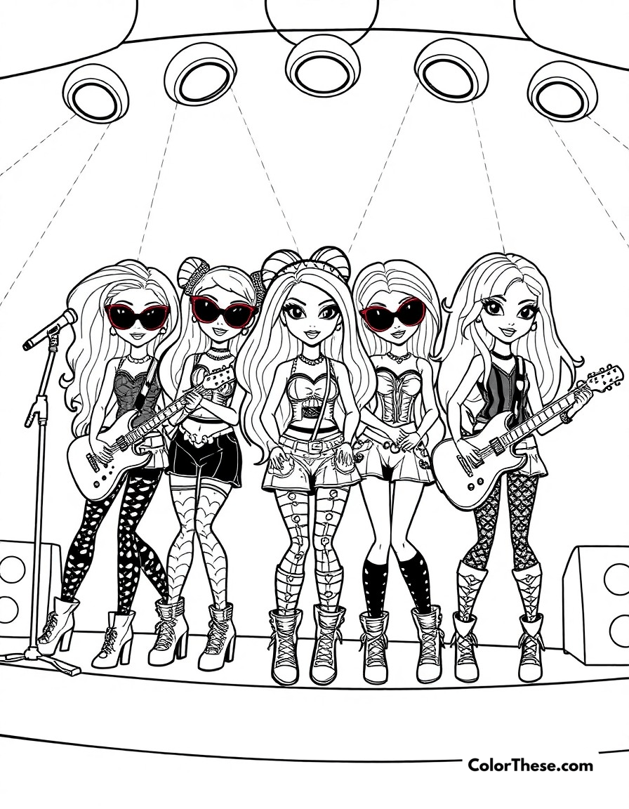 Free printable bratz rock concert coloring page for kids and adults - A the bratz performing on stage in their rock star outfits with instruments.