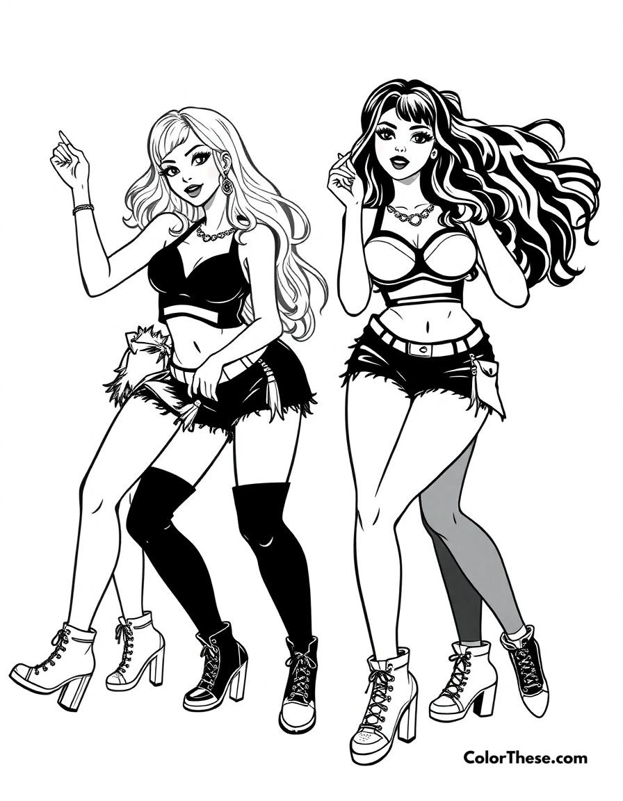 Free printable bratz dance party coloring page for kids and adults - A the girls showing off their dance moves in trendy club outfits.