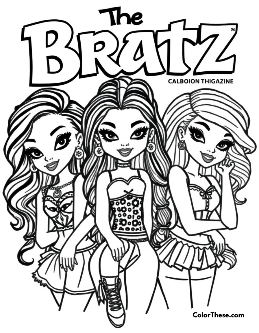 Free printable bratz magazine cover coloring page for kids and adults - A the bratz girls featured on the cover of their own fashion magazine.