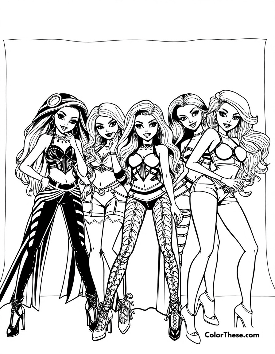 Free printable bratz photo shoot coloring page for kids and adults - A a glamorous photo shoot with the bratz girls striking fierce poses.