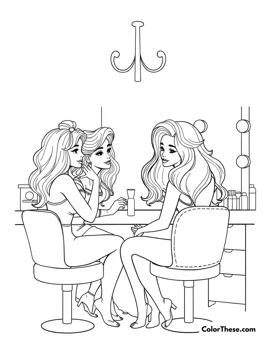 Free printable bratz beauty salon coloring page for kids and adults - A the girls getting glamorous makeovers at their favorite beauty salon.