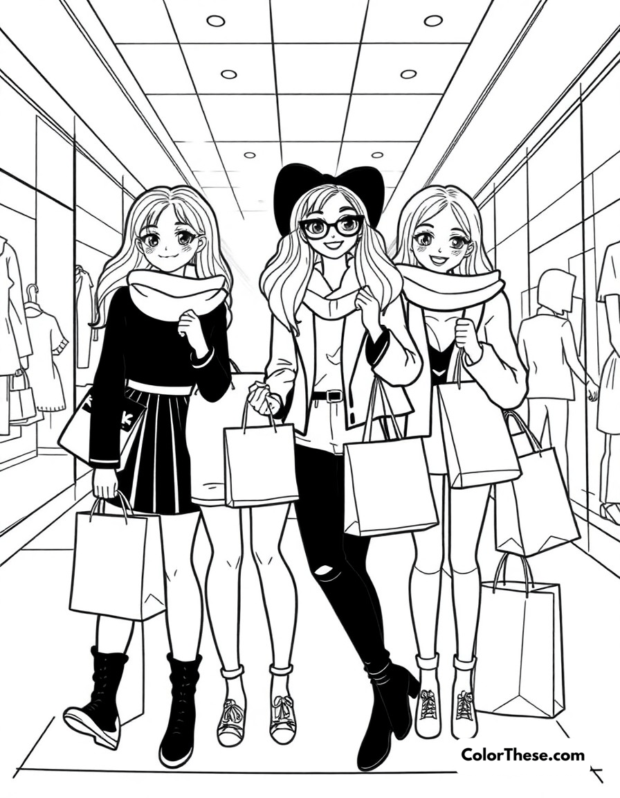 Free printable bratz shopping spree coloring page for kids and adults - A the girls enjoying a day at the mall with shopping bags and new outfits.