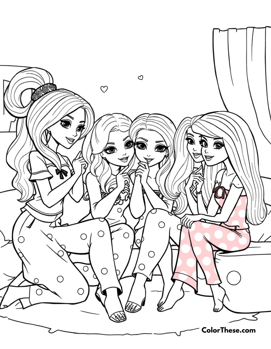 Free printable bratz sleepover party coloring page for kids and adults - A a fun pajama party scene with the bratz girls sharing secrets and style tips.