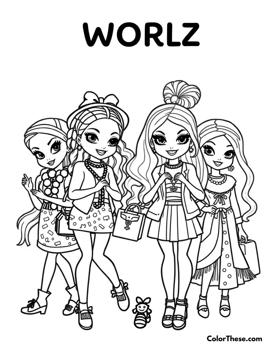 Free printable bratz world tour coloring page for kids and adults - A the bratz traveling the world in outfits inspired by different cultures.