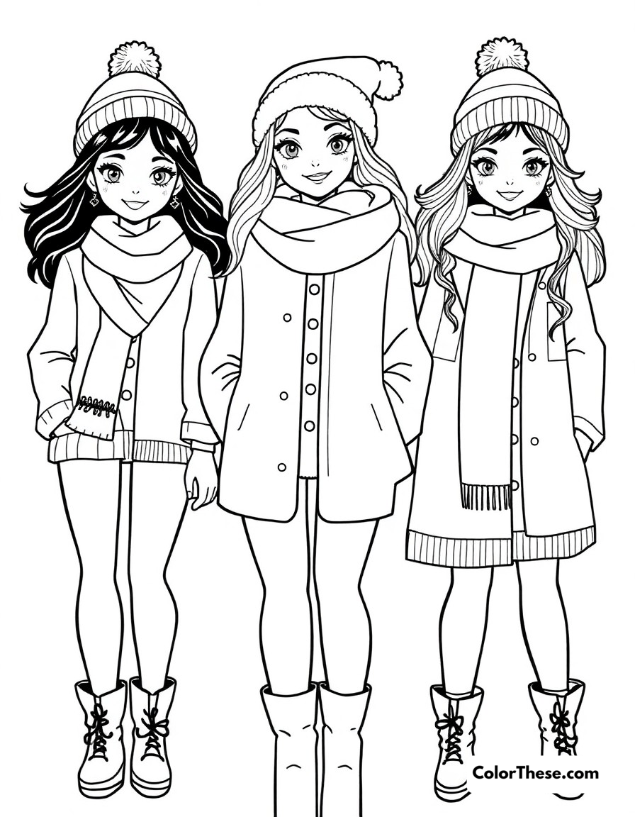 Free printable bratz winter fashion coloring page for kids and adults - A the girls modeling their latest winter fashion collection with cozy accessories.