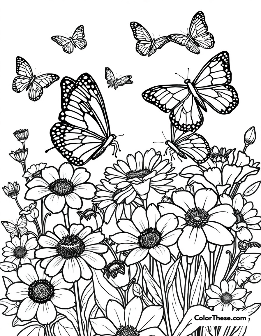 Free printable butterfly flower friends coloring page for kids and adults - A butterflies gathering nectar from a variety of beautiful flowers.