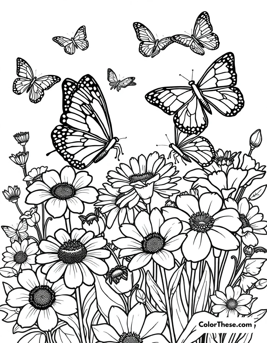 Free printable butterfly flower friends coloring page. Butterflies gathering nectar from a variety of beautiful flowers.