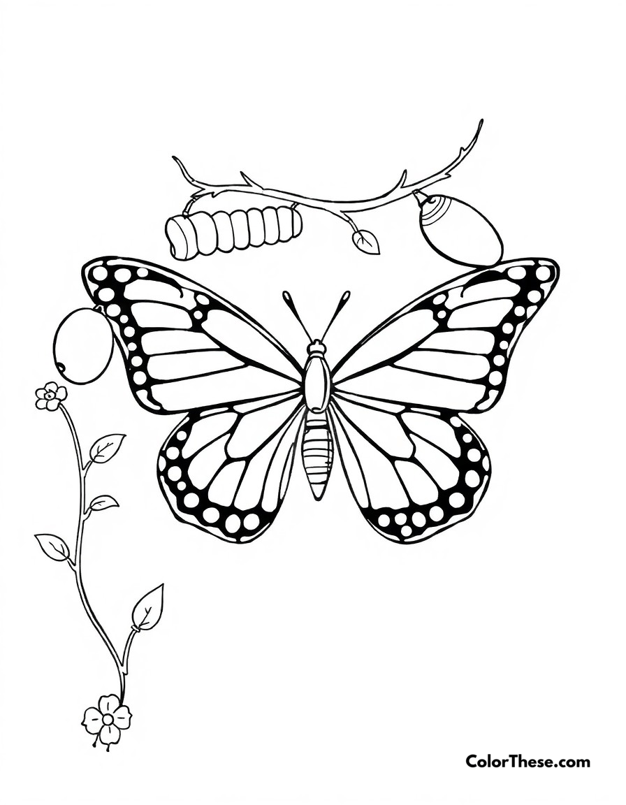 Free printable butterfly life cycle coloring page for kids and adults - A the complete metamorphosis cycle from egg to caterpillar to chrysalis to butterfly.