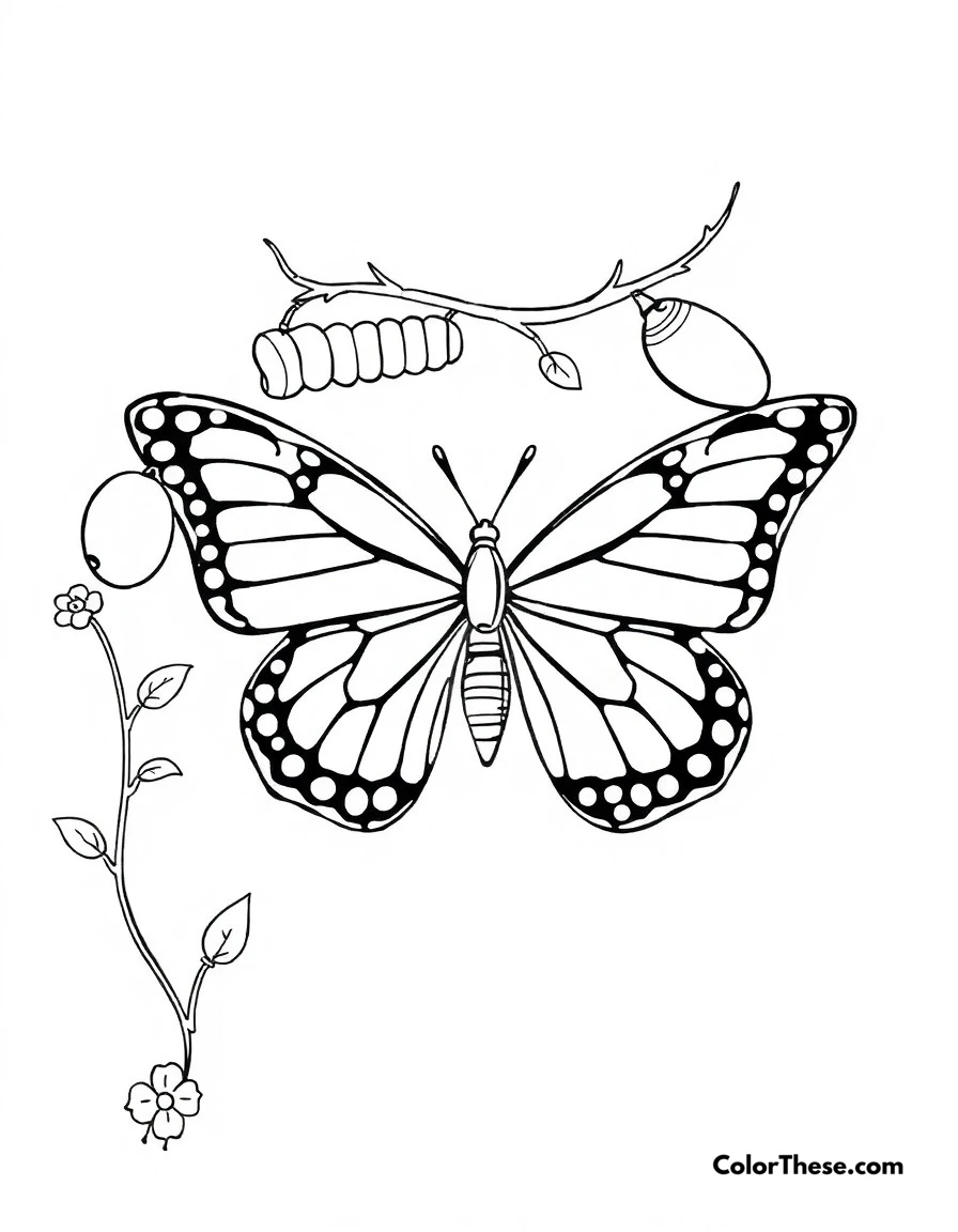 Free printable butterfly life cycle coloring page. The complete metamorphosis cycle from egg to caterpillar to chrysalis to butterfly.