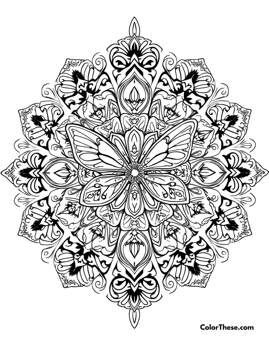 Free printable butterfly mandala design coloring page for kids and adults - A an intricate mandala pattern featuring butterfly motifs and detailed designs.