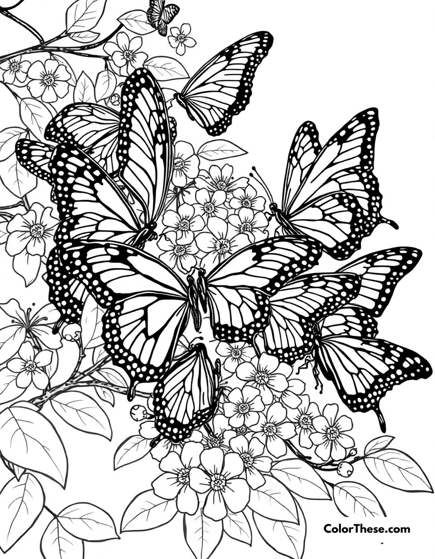 Free printable butterfly friends meeting coloring page for kids and adults - A multiple butterfly species gathering together on flowering branches.