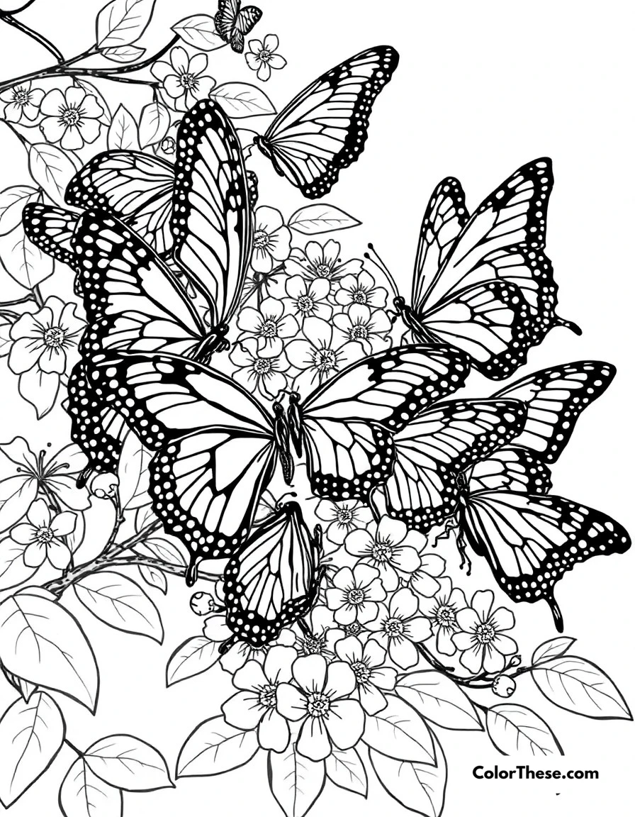 Free printable butterfly friends meeting coloring page. Multiple butterfly species gathering together on flowering branches.