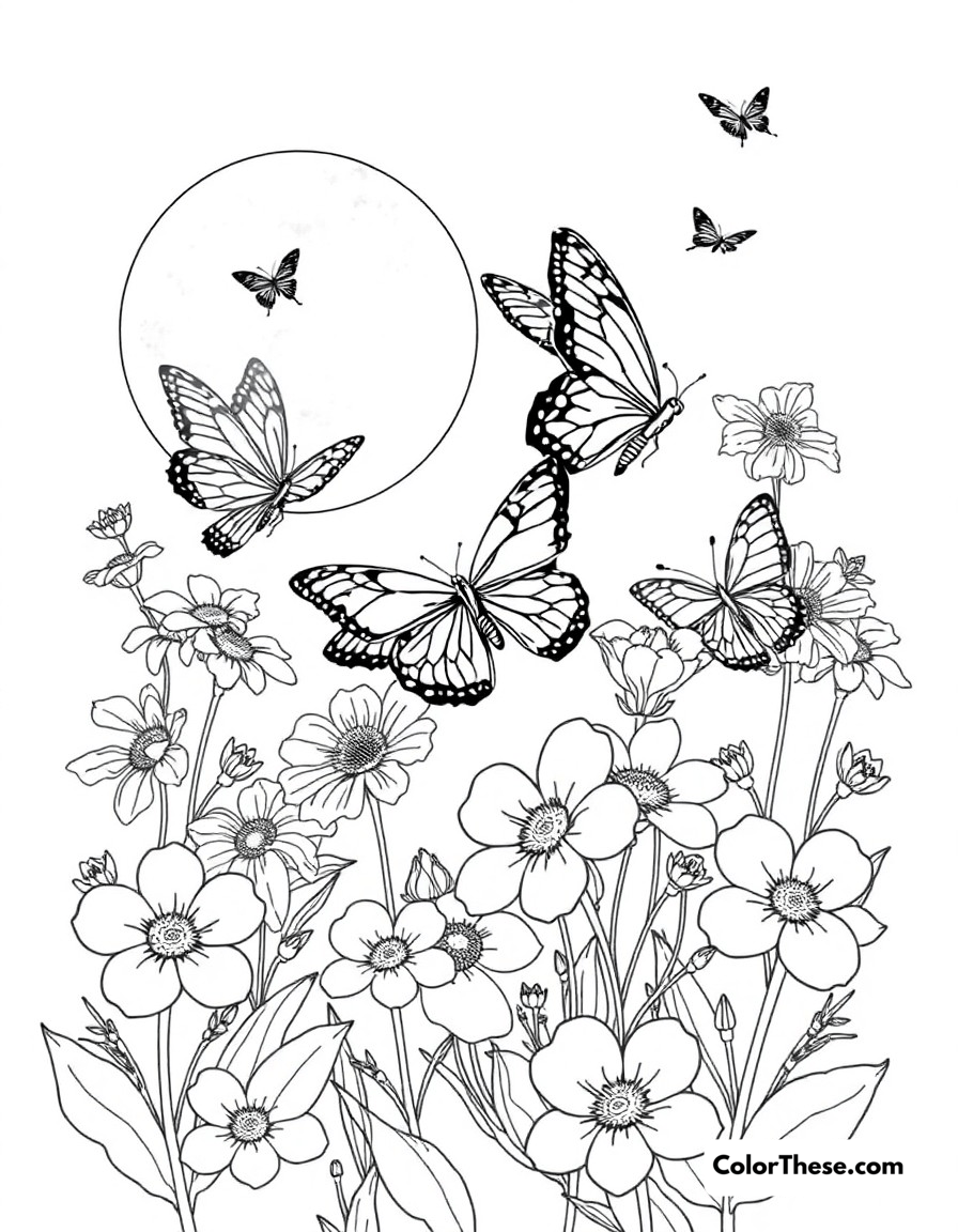 Free printable butterfly night garden coloring page for kids and adults - A moths and night butterflies among moonflowers and evening blooms.