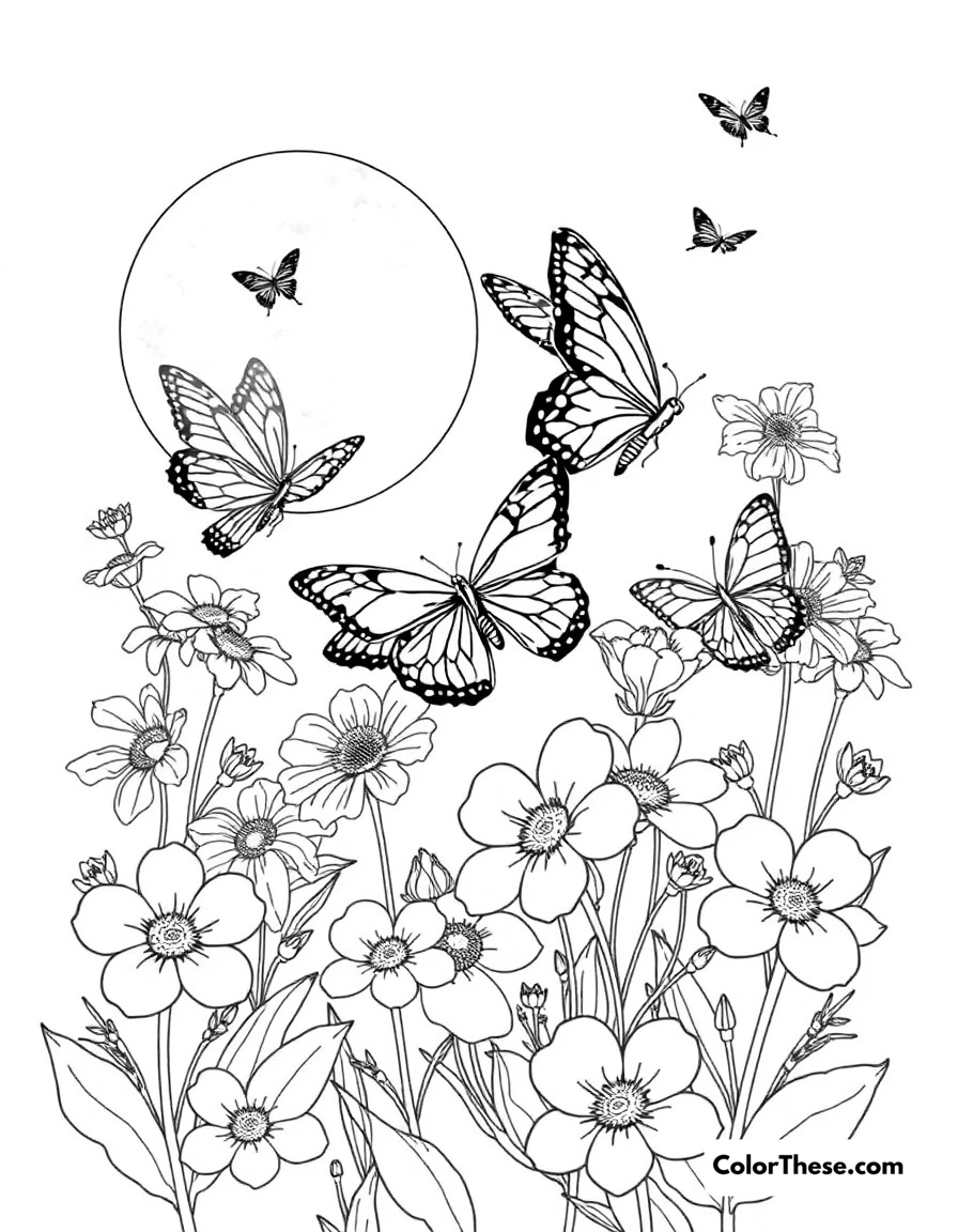 Free printable butterfly night garden coloring page. Moths and night butterflies among moonflowers and evening blooms.