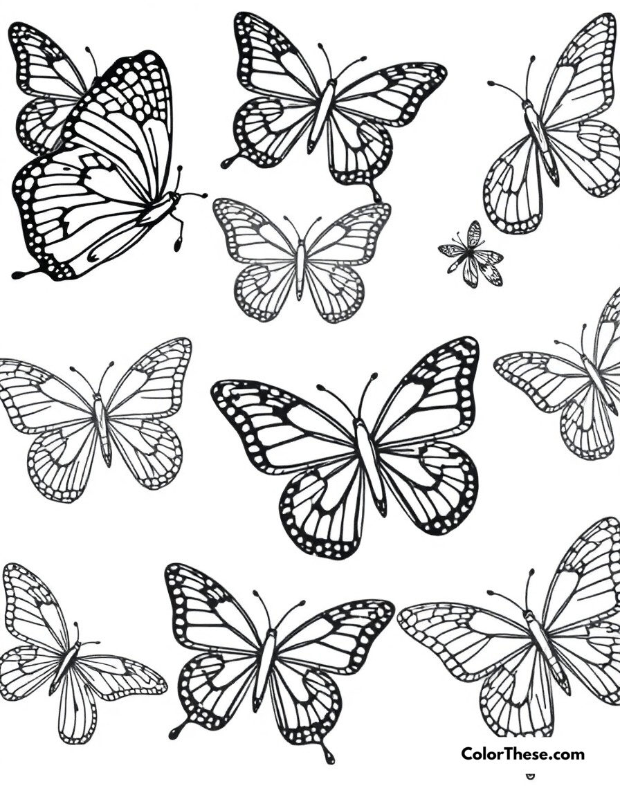 Free printable butterfly pattern play coloring page for kids and adults - A various butterflies showcasing different wing patterns and designs.