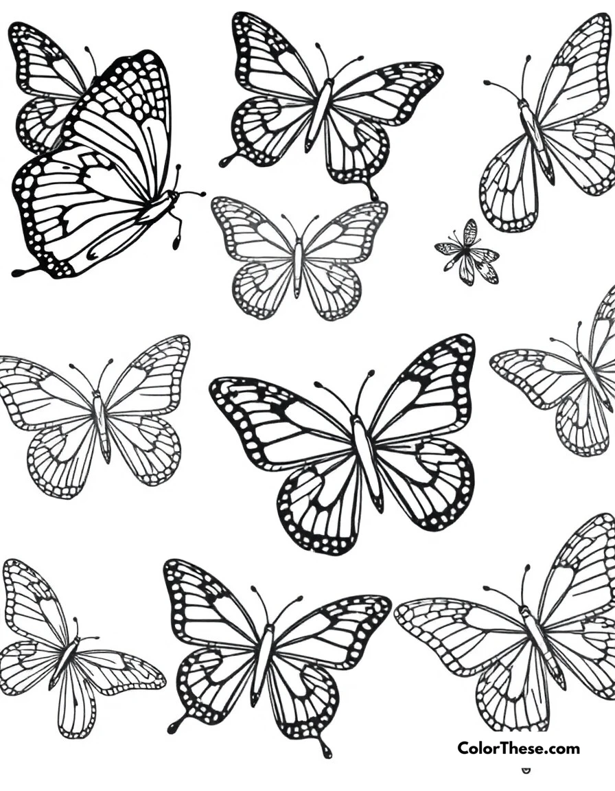 Free printable butterfly pattern play coloring page. Various butterflies showcasing different wing patterns and designs.