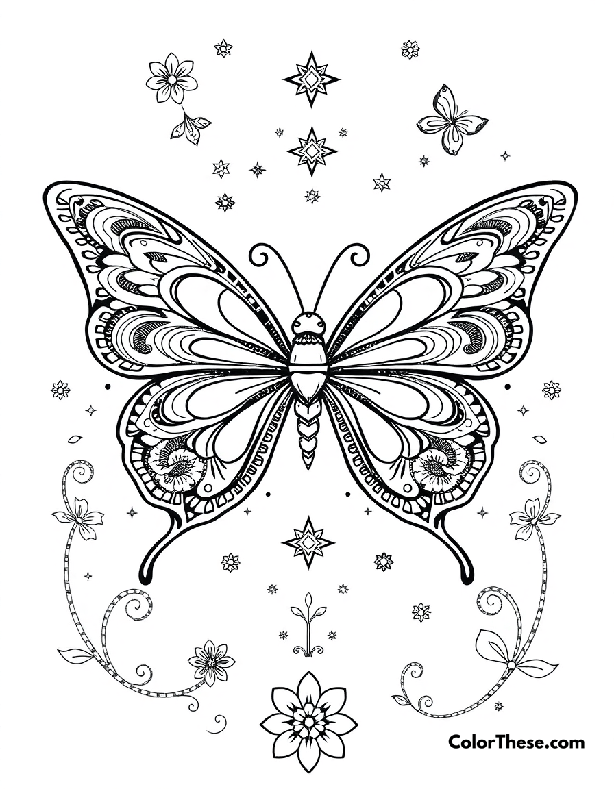 Free printable butterfly rainbow wings coloring page for kids and adults - A a fantasy butterfly with rainbow-inspired wing patterns and magical elements.