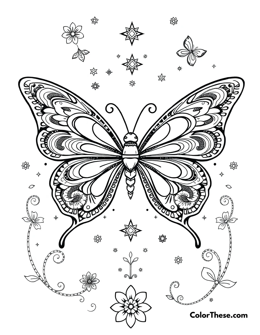 Free printable butterfly rainbow wings coloring page. A fantasy butterfly with rainbow-inspired wing patterns and magical elements.