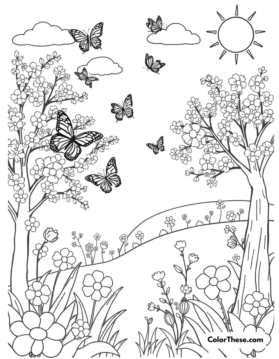 Free printable butterfly spring day coloring page for kids and adults - A a cheerful spring scene with butterflies, blooming trees, and sunshine.