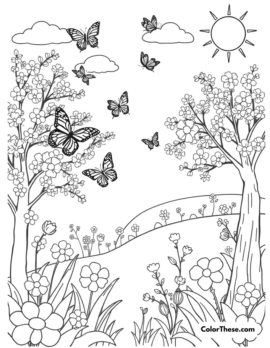 Free printable butterfly spring day coloring page. A cheerful spring scene with butterflies, blooming trees, and sunshine.