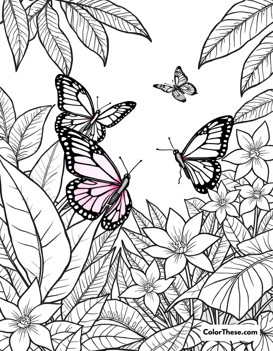 Free printable butterfly tropical scene coloring page for kids and adults - A exotic butterflies among tropical flowers and lush rainforest plants.