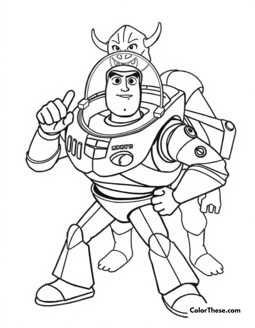 Free printable buzz lightyear battle stance coloring page for kids and adults - A buzz in a defensive pose, protecting his friends from zurg.