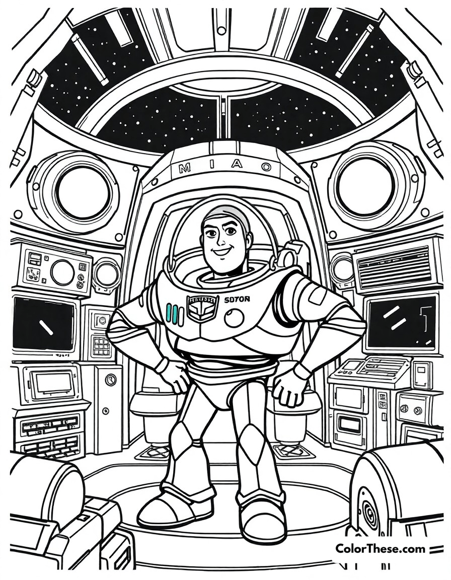 Free printable buzz lightyear command center coloring page for kids and adults - A buzz at star command headquarters, surrounded by futuristic technology.