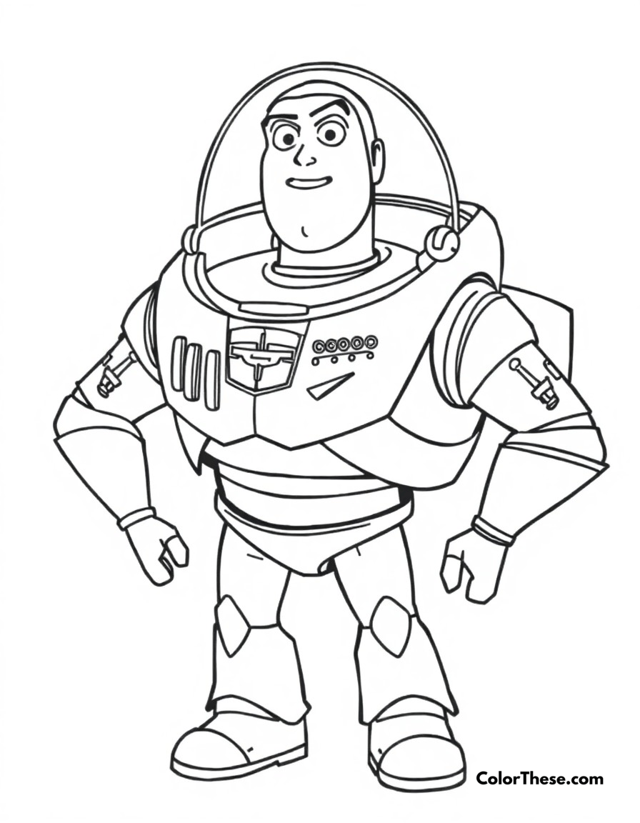 Free printable buzz lightyear control panel coloring page for kids and adults - A buzz showing off his suit's various buttons and features.