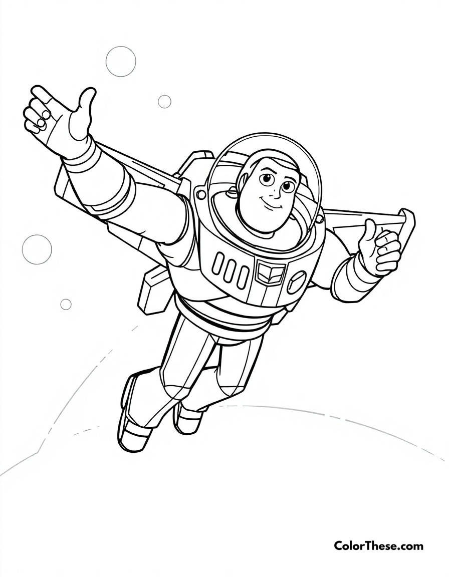 Free printable buzz lightyear flight mode coloring page for kids and adults - A buzz soaring through space with his wings deployed and jet pack activated.