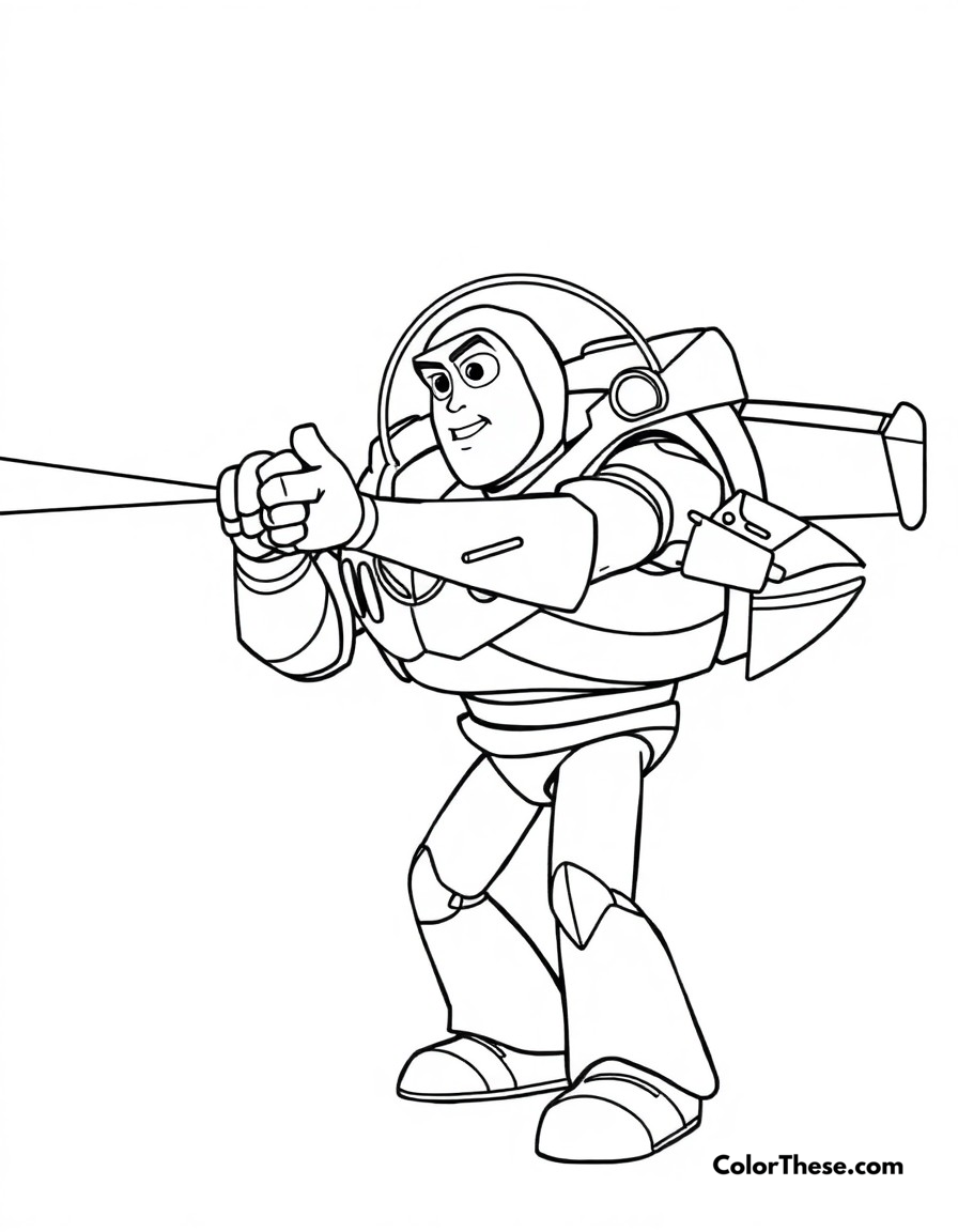 Free printable buzz lightyear laser action coloring page for kids and adults - A buzz aiming his laser with determination, ready to protect his friends.