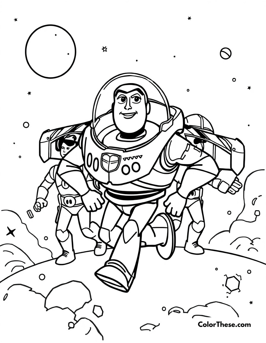 Free printable buzz lightyear space mission coloring page for kids and adults - A buzz on an important space mission with his fellow space rangers.