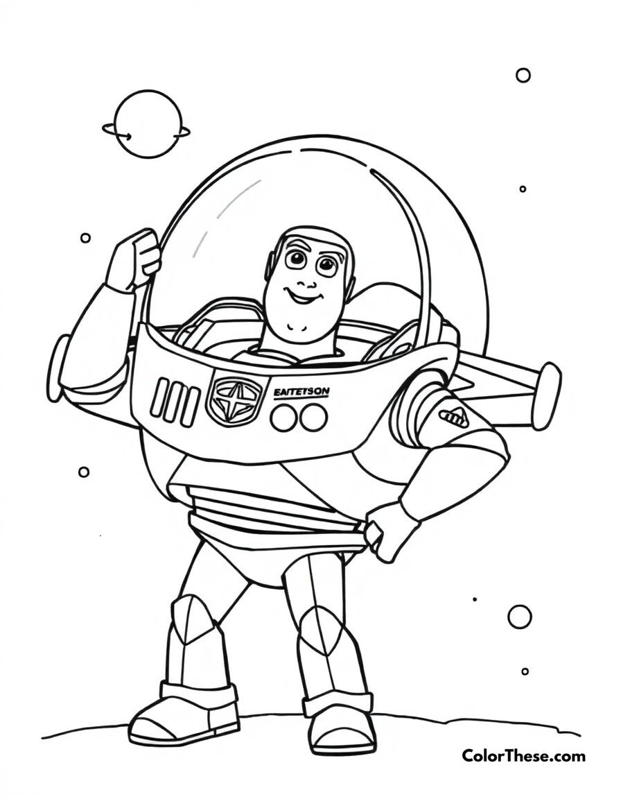 Free printable buzz lightyear spaceship coloring page for kids and adults - A buzz with his personal spacecraft, ready for space exploration.