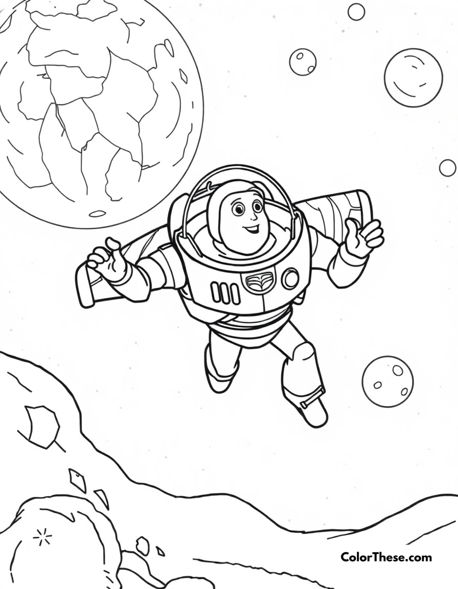 Free printable buzz lightyear space walk coloring page for kids and adults - A buzz floating in space with a beautiful planetary background.