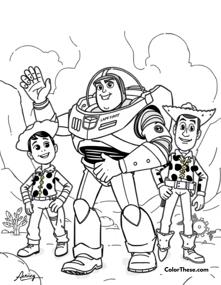 Free printable buzz lightyear team up coloring page for kids and adults - A buzz working together with woody and other toys on an adventure.