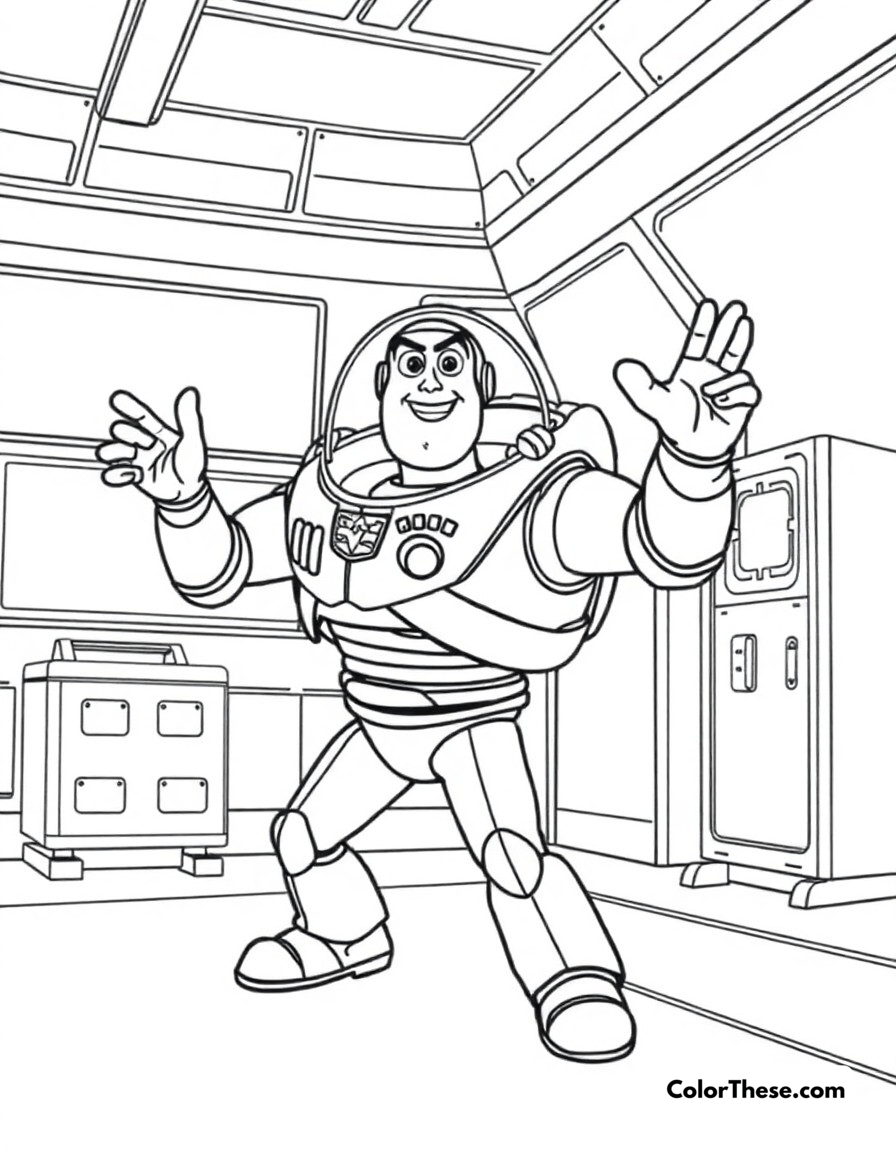 Free printable buzz lightyear training coloring page for kids and adults - A buzz demonstrating space ranger moves in the training facility.