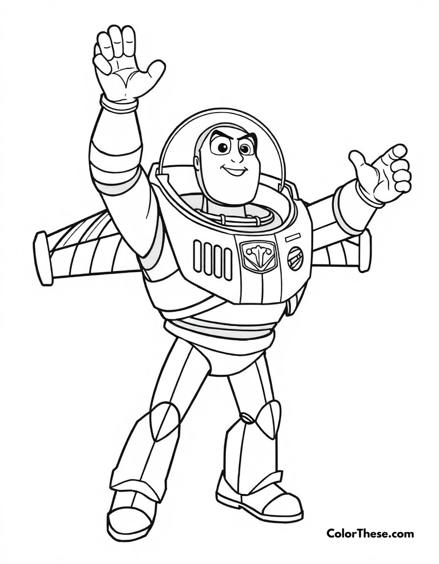 Free printable buzz lightyear victory pose coloring page for kids and adults - A buzz celebrating another successful mission with a triumphant pose.