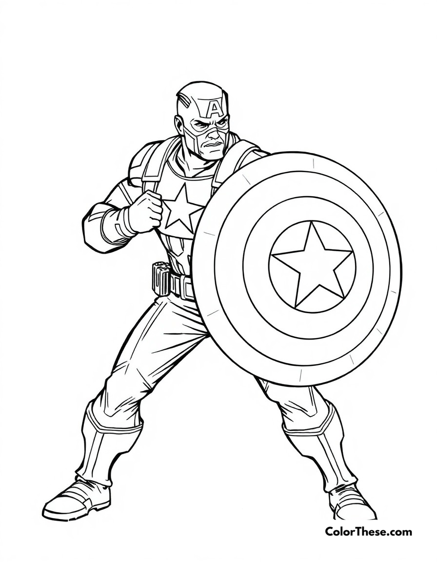 Free printable captain america battle stance coloring page for kids and adults - A steve rogers in a defensive stance with his shield ready for action.