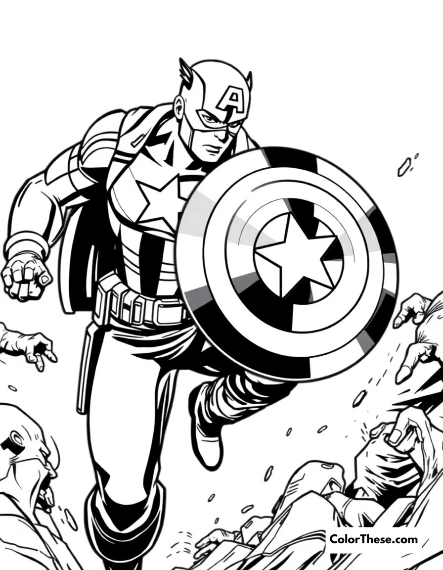 Free printable captain america shield block coloring page for kids and adults - A captain america blocking an attack with his indestructible shield.