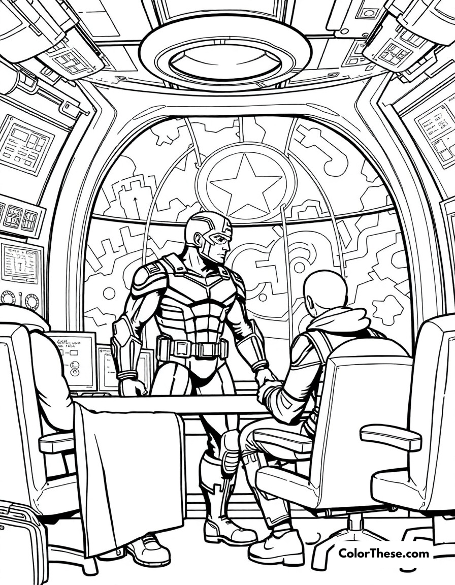 Free printable captain america headquarters coloring page for kids and adults - A cap at the avengers headquarters planning the next mission.