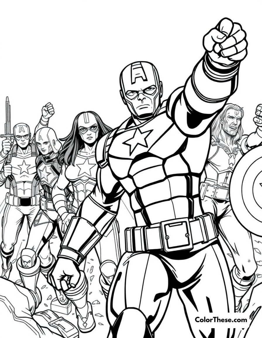 Free printable captain america avengers leader coloring page for kids and adults - A cap leading the avengers team into battle with determination.