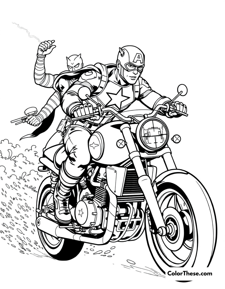 Free printable captain america motorcycle chase coloring page for kids and adults - A captain america pursuing villains on his custom motorcycle.