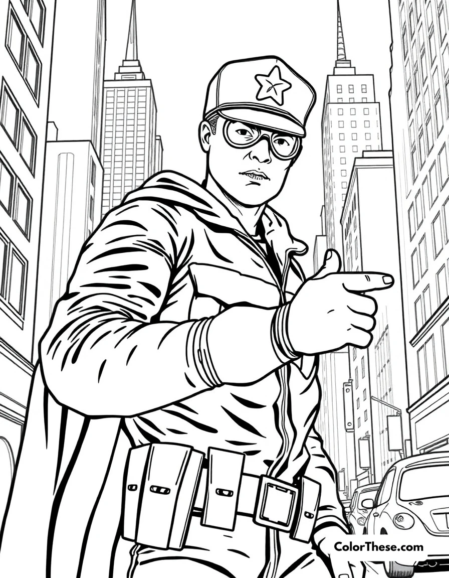 Free printable captain america city patrol coloring page for kids and adults - A cap protecting the streets of new york city from threats.