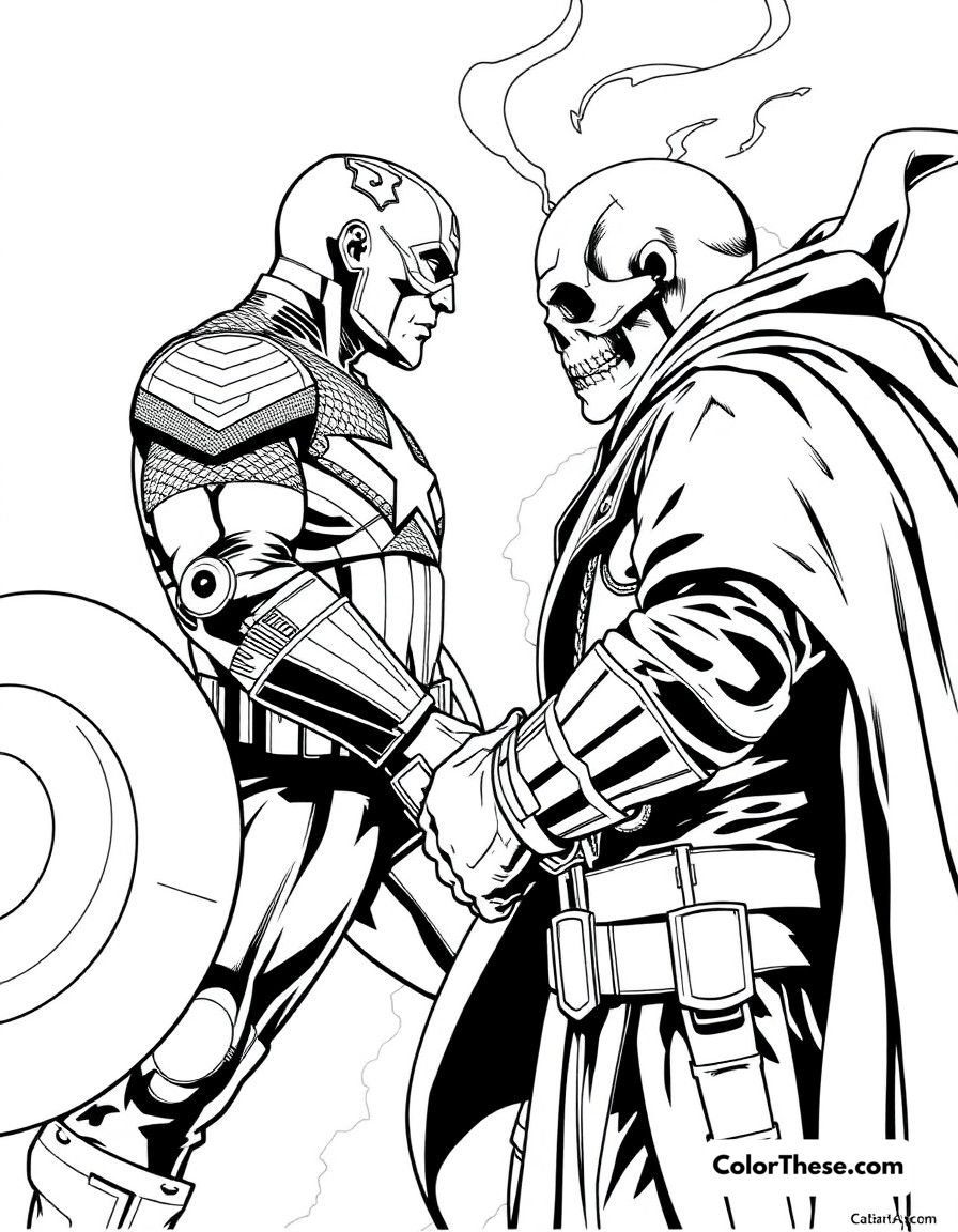 Free printable captain america vs red skull coloring page for kids and adults - A an intense face-off between captain america and his arch-nemesis red skull.