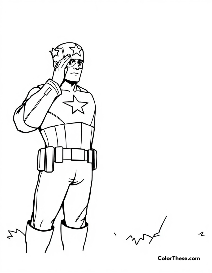 Free printable captain america salute coloring page for kids and adults - A a patriotic scene of captain america giving a respectful salute.